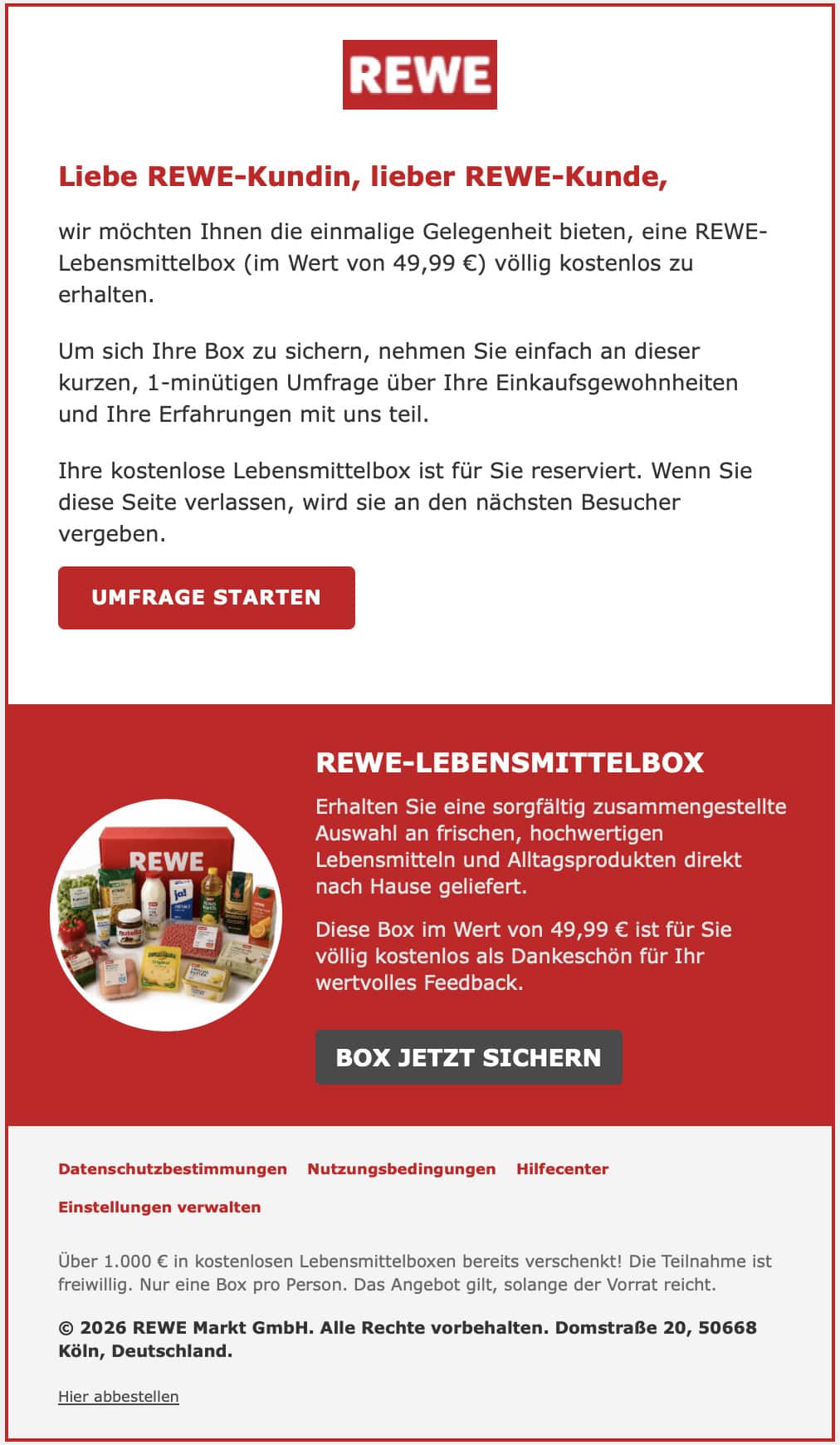 Screenshot: REWE Lebensmittelbox als Köder