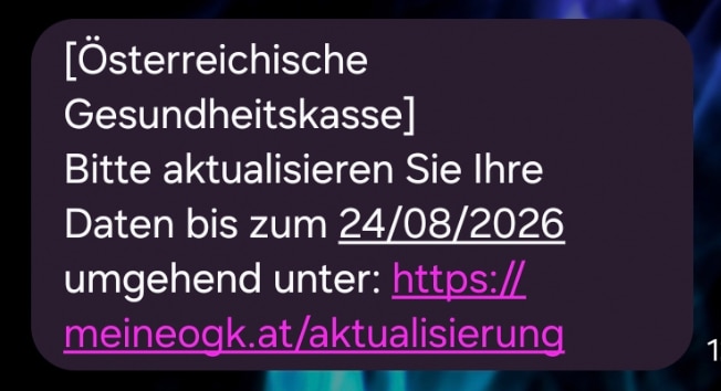 SMS zu angeblicher ÖGK Datenaktualisierung greift Daten und Bank-Logins ab