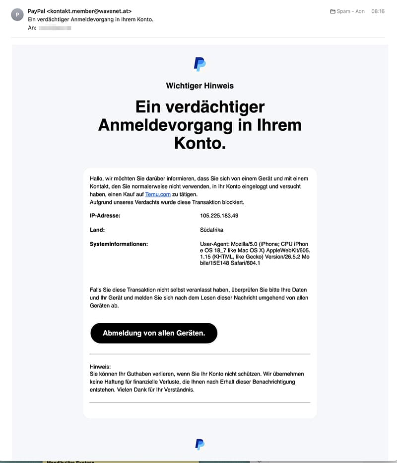 Screenshot: „Verdächtiger Anmeldevorgang“: Phishing im Namen von PayPal