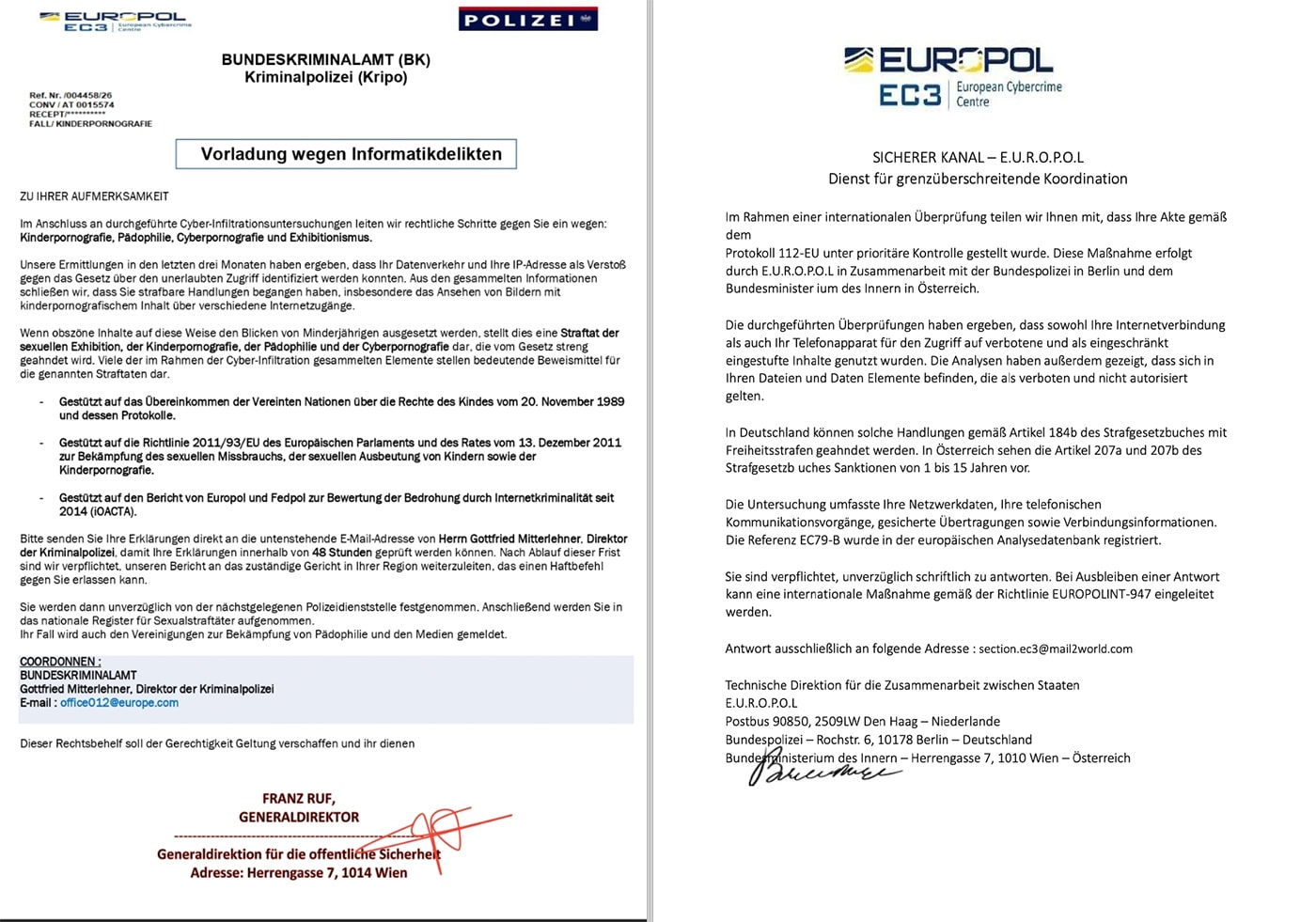 Screenshot: Gefälschte Nachrichten im Namen von EUROPOL