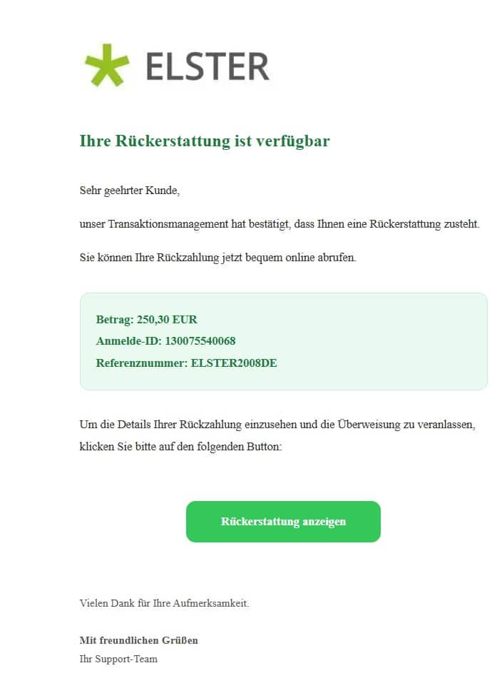 Screenshot: Gefälschte Mail zu angeblicher Rückerstattung von ELSTER