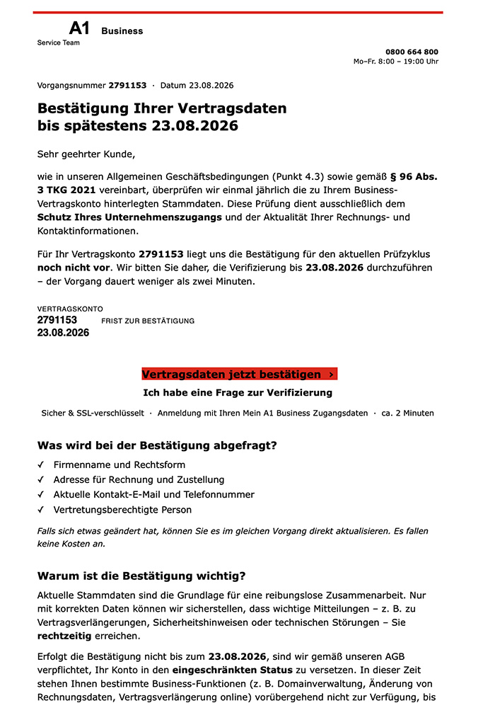 Screenshot: Phishing im Namen von A1 Business