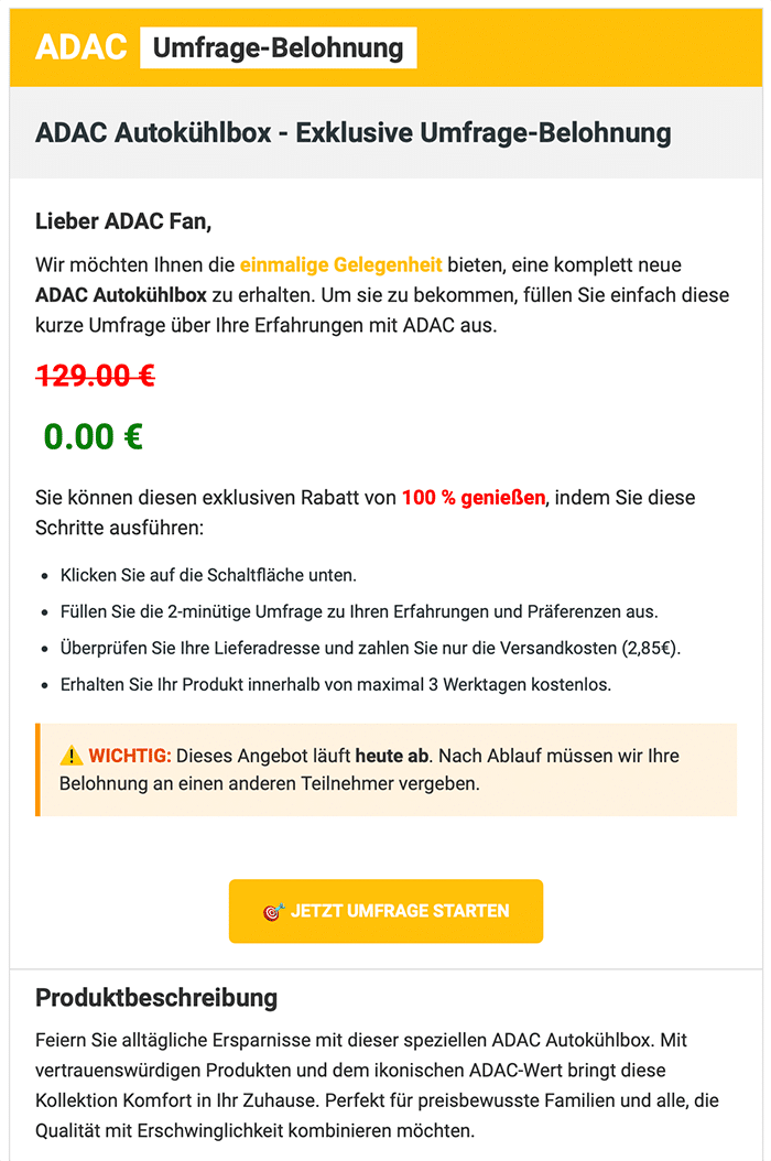 Screenshot: Umfrage-Falle mit angeblicher ADAC Autokühlbox