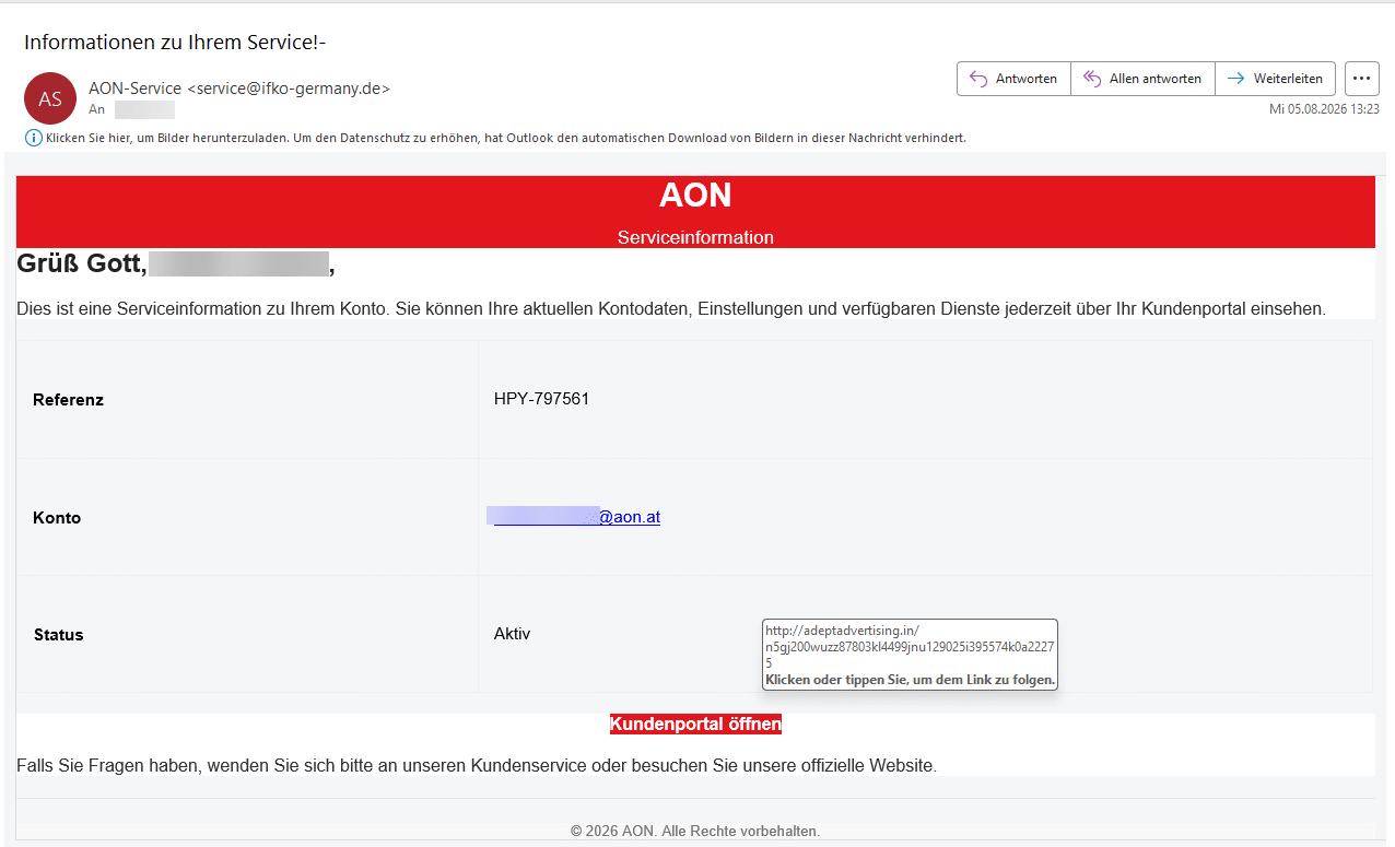 Screenshot: Fake-Serviceinformation von „AON“
