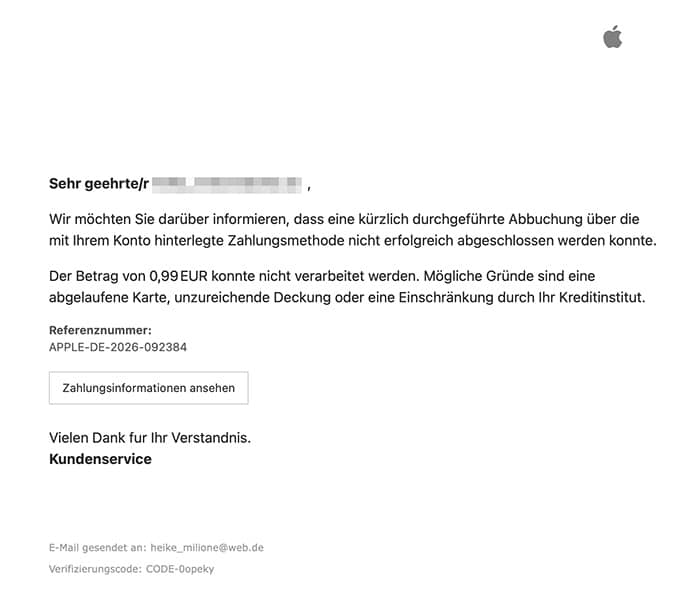 Screenshot: 0,99 Euro Masche mit gefälschten Apple-Benachrichtigungen