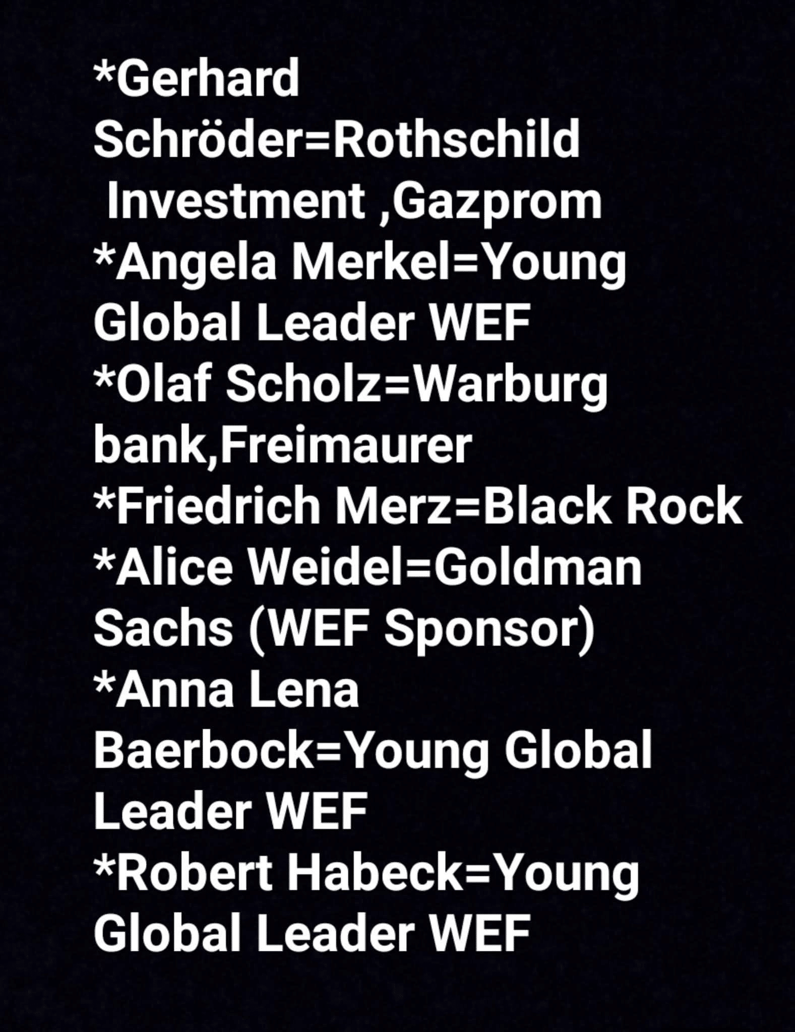 Textgrafik auf dunklem Grund, die sieben deutsche Politikerinnen und Politiker jeweils mit einem Gleichheitszeichen Banken, Unternehmen, den Freimaurern oder dem World Economic Forum zuordnet.
