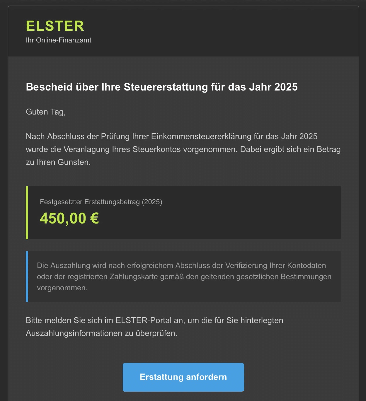Screenshot: ELSTER-Masche mit 450 Euro Erstattung