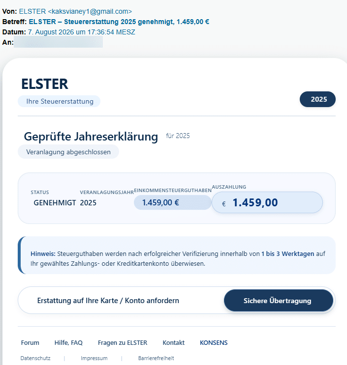 Screenshot: Fake-Steuererstattung von ELSTER