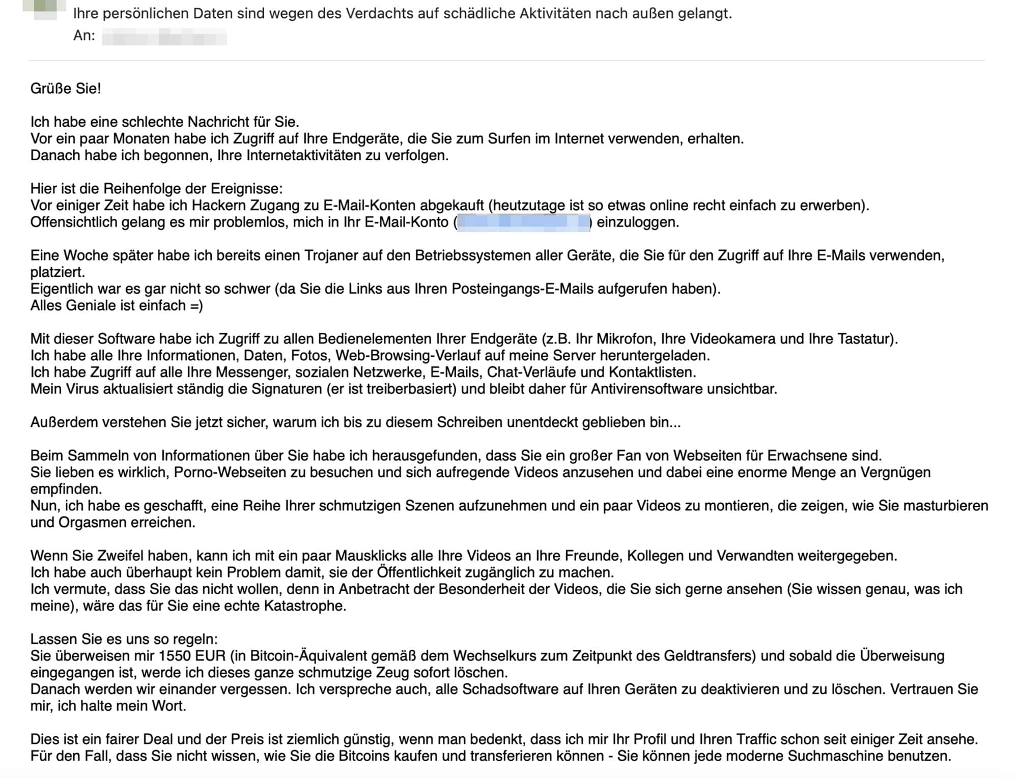 Screenshot: Bitcoin Forderung durch falschen Hacker