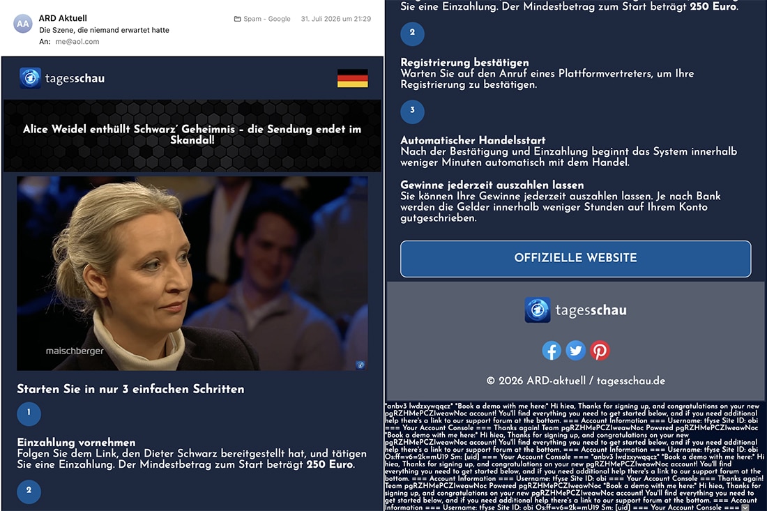 Screenshot: Fake-Mail von ARD Aktuell führt über Fake-Tagesschau-Seite zu unseriöser Investmentplattform