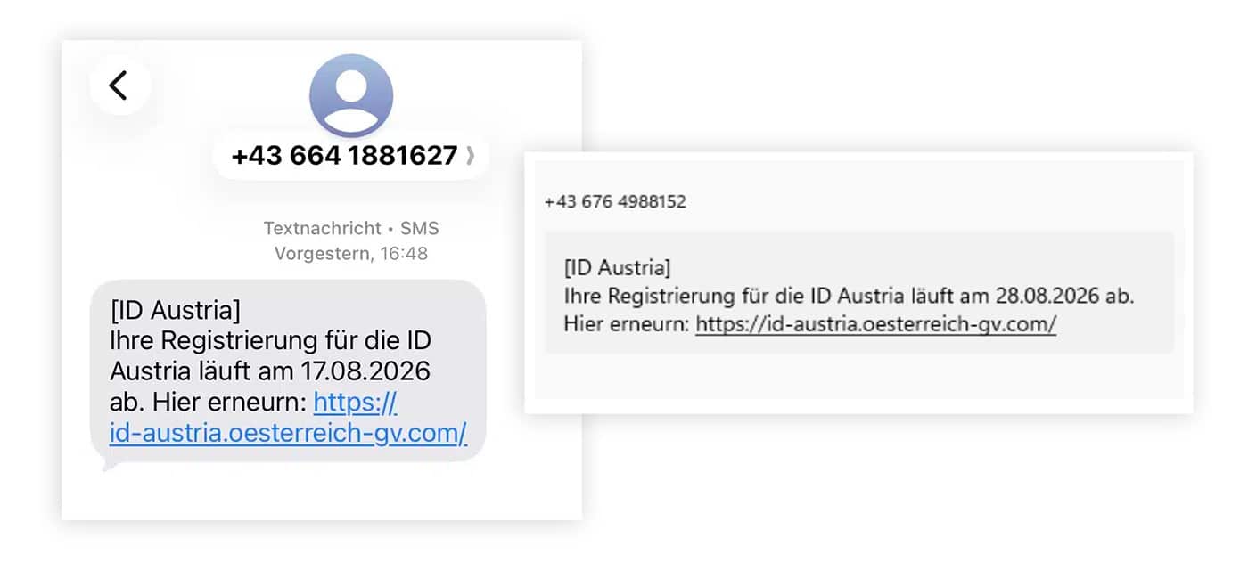 Screenshot: „Ihre Registrierung für die ID Austria läuft ab“ – Fake SMS im Namen von ID Austria