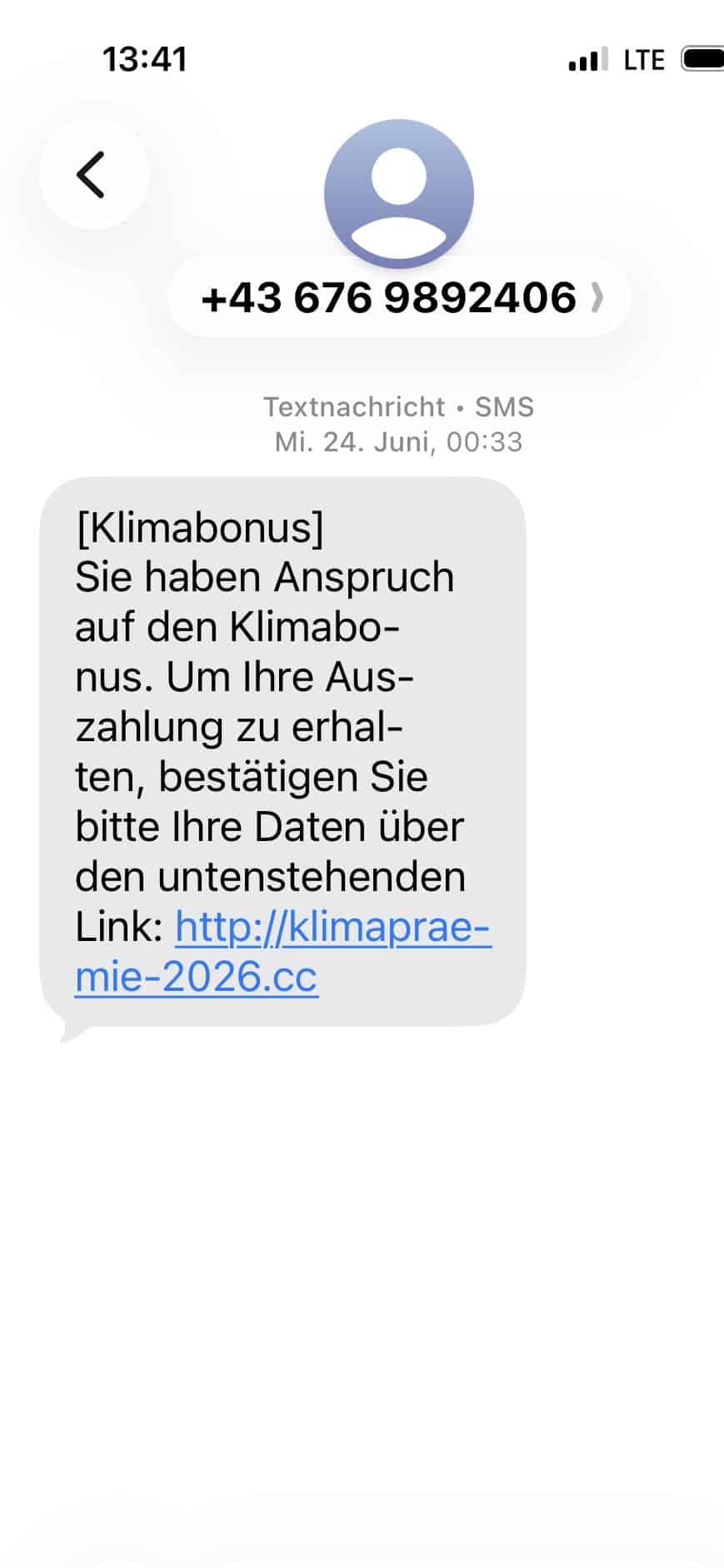Screenshot: Fake-SMS zur Klimabonus-Auszahlung