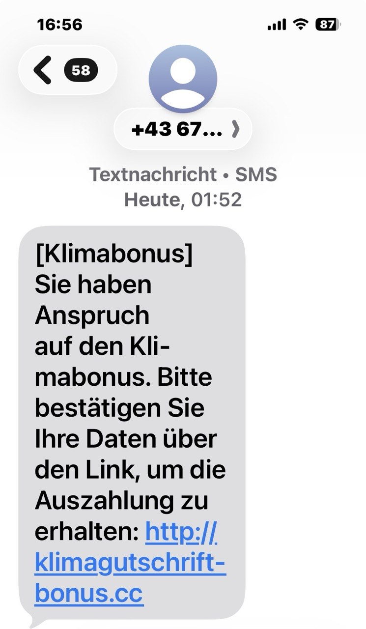 Screenshot: Fake-Link zur Klimabonus-Auszahlung