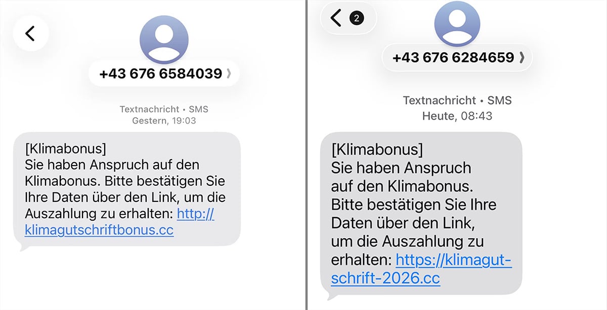 Screenshot: Phishing-SMS mit angeblicher Klimabonus-Auszahlung