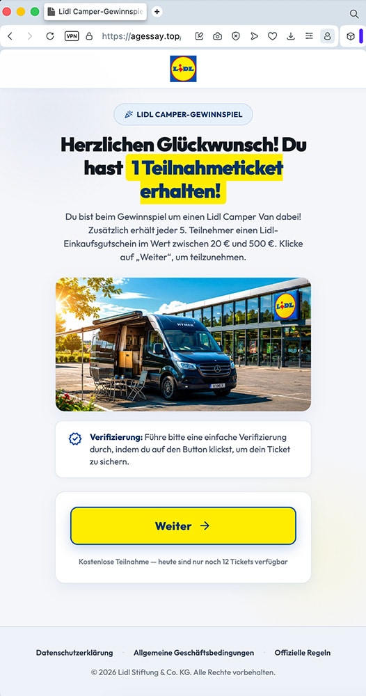 Screenshot: Datensammel-Falle mit angeblichem LIDL-Camper-Gewinnspiel