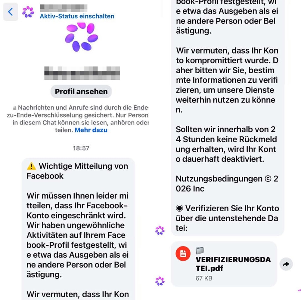 Screenshot: Facebook-Konto in Gefahr: PDF „Verifizierungsdatei“ führt zur Kontoübernahme
