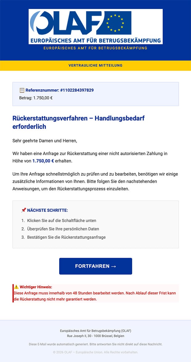 Screenshot: Fake: Rückerstattung über OLAF – Europäisches Amt für Betrugsbekämpfung