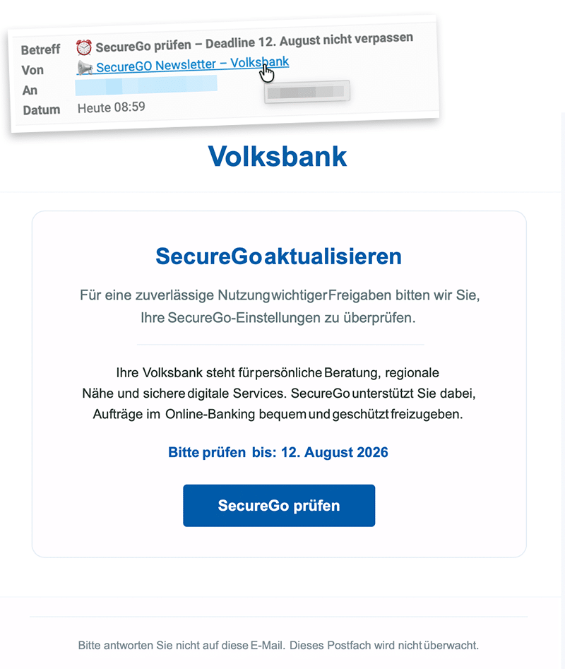Screenshot: „SecureGo prüfen“: Diese Volksbank-Mail ist Phishing