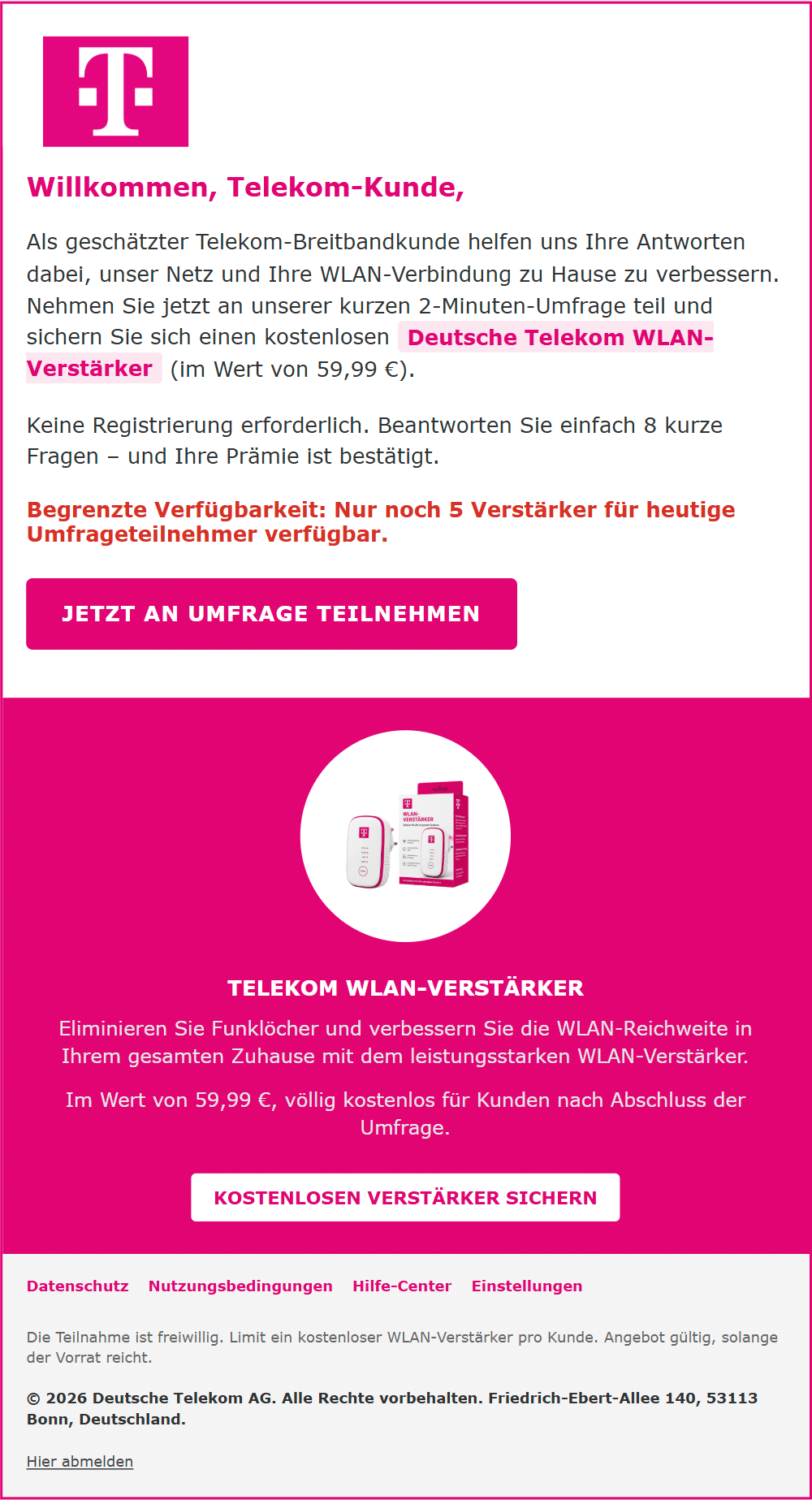 Screenshot: Fake-Umfrage mit Telekom-WLAN-Verstärker