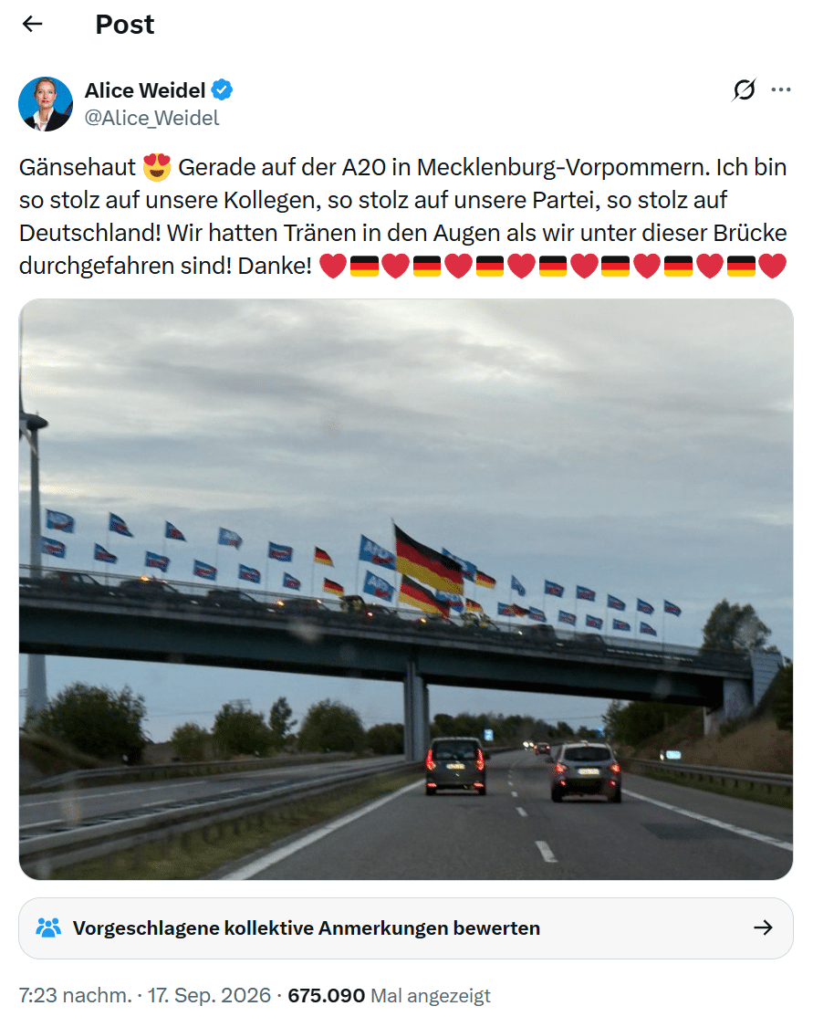 Beitrag von Alice Weidel auf X mit dem Foto der beflaggten A20-Brücke, Zeitstempel 17. September 2026, 19:23 Uhr