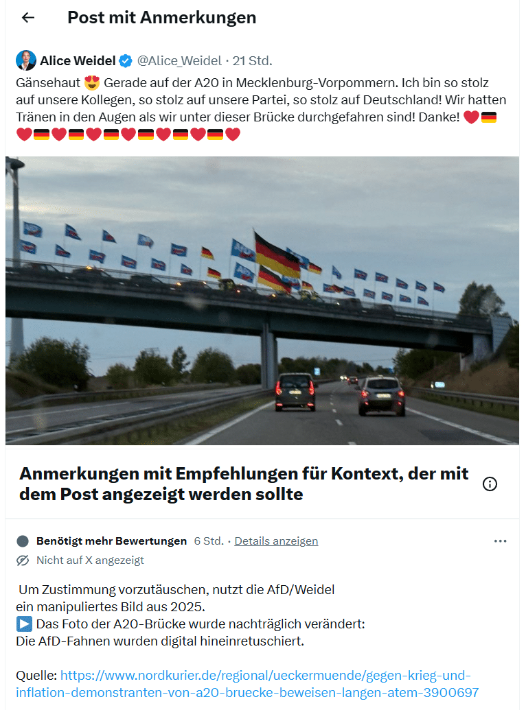 Community Note zum Beitrag mit dem Status „Benötigt mehr Bewertungen“ und dem Hinweis „Nicht auf X angezeigt“