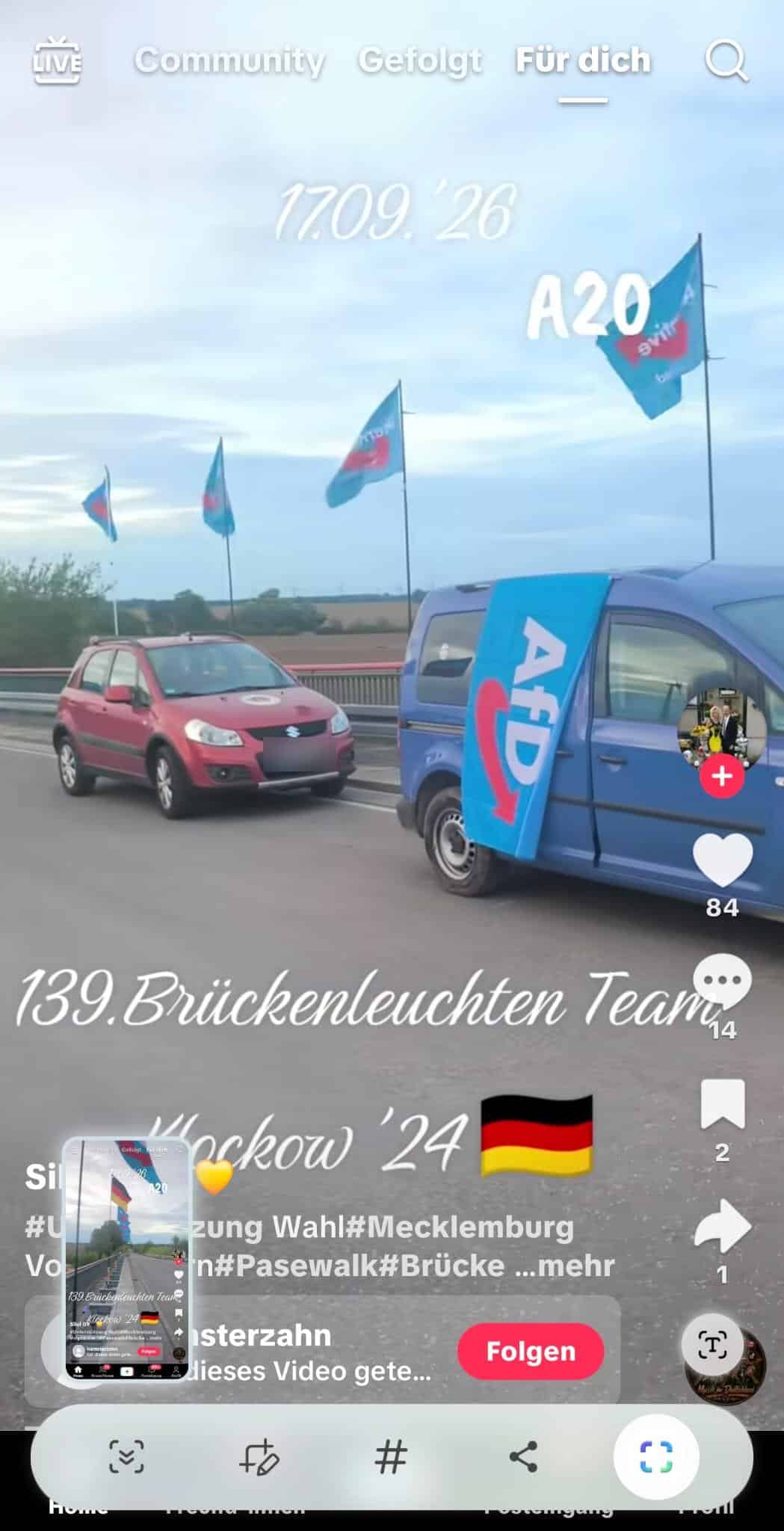 Standbild aus dem TikTok-Video vom 17. September 2026: blauer AfD-Kastenwagen auf der Brücke