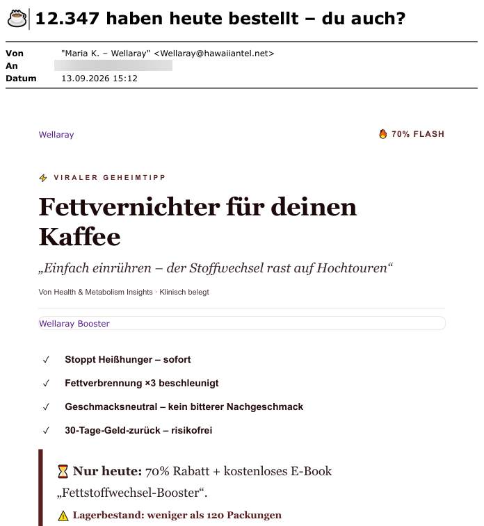 Screenshot: Phishing-Werbung für Wellaray-Produkt