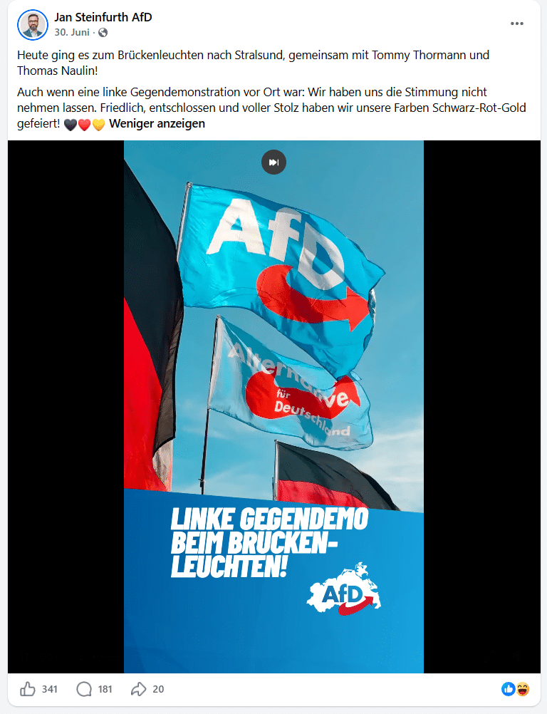 Facebook-Beitrag eines AfD-Politikers vom 30. Juni 2026 über die Teilnahme an einem Brückenleuchten in Stralsund