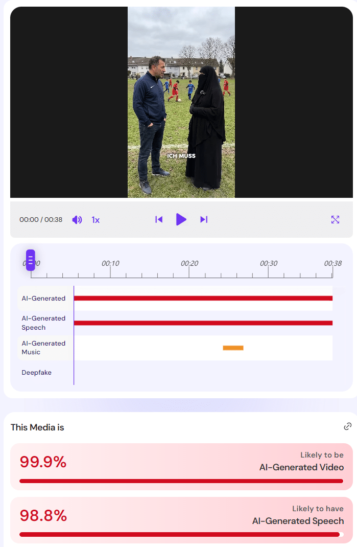 Screenshot: hivedetect. Prüfung durch Mimikama. Reel AI Video. Faktencheck