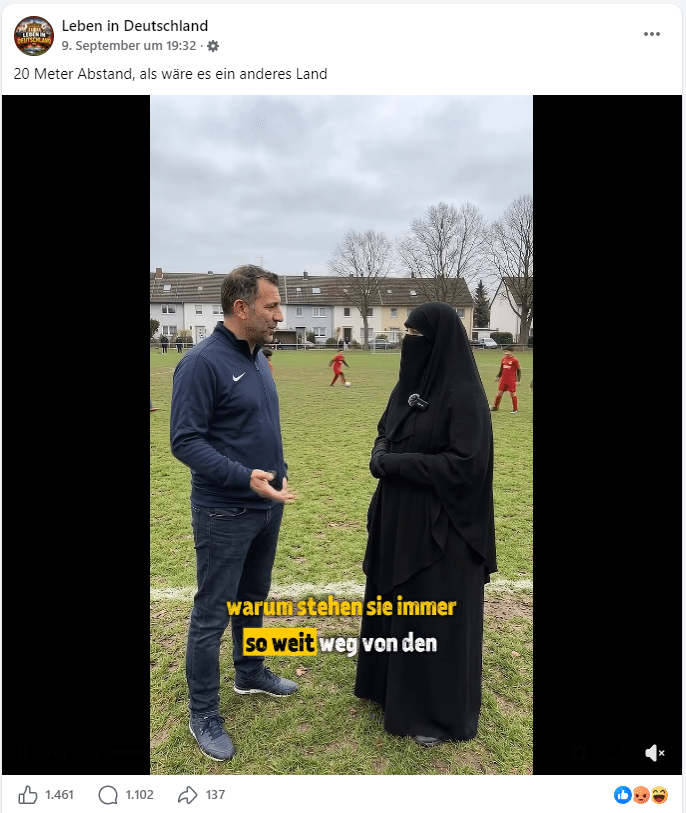 Screenshot: Facebook. Facebook-Seite: Leben in Deutschland. Trainer und Mutter. KI generiert