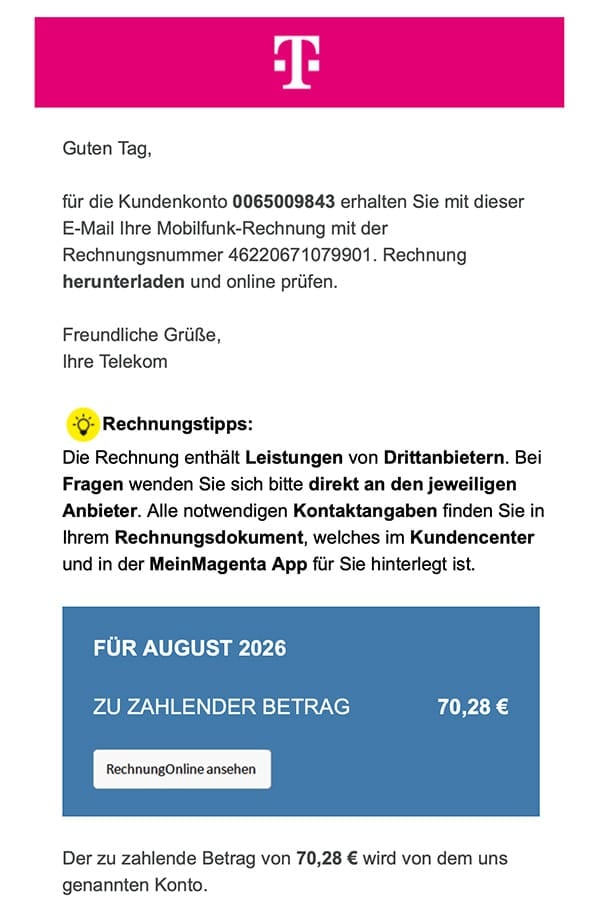 Screenshot: Fake-Rechnung von Telekom führt zu Datei-Download