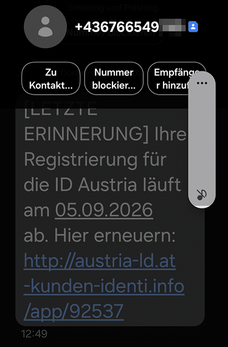 Screenshot: Phishing per SMS mit falschem ID-Austria-Link