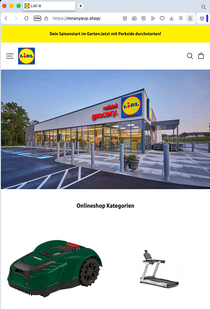 Screenshot: LIDL: Achtung vor falscher Shop-Seite