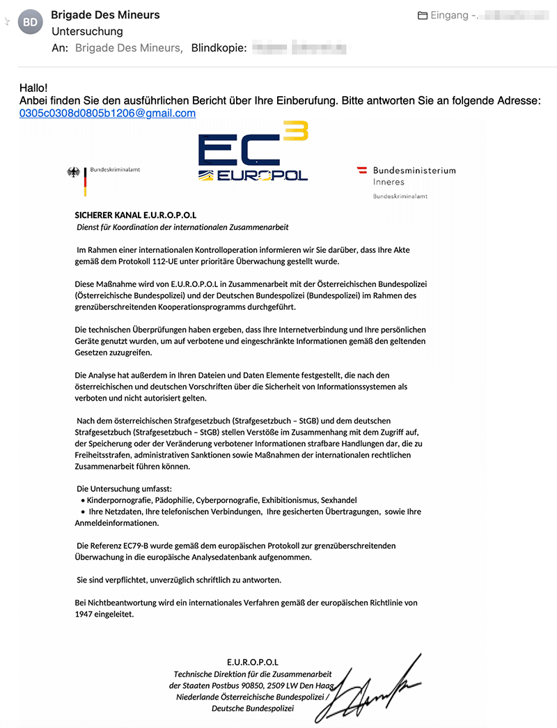 Screenshot: Betrügerische E-Mail mit angeblicher EUROPOL-Akte