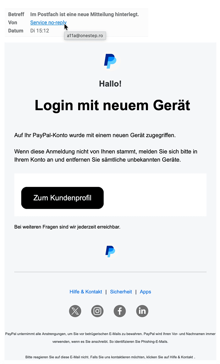 Screenshot: „Login mit neuem Gerät“ – Kontowarnung als PayPal-Phishing