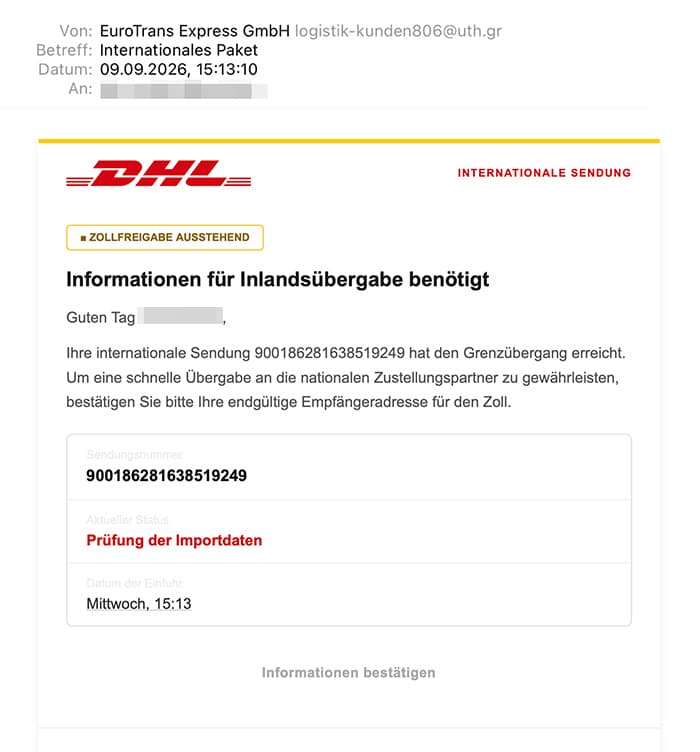 Screenshot: Phishing mit angeblicher Zollfreigabe – Fake-Nachricht von DHL / EuroTrans Express GmbH