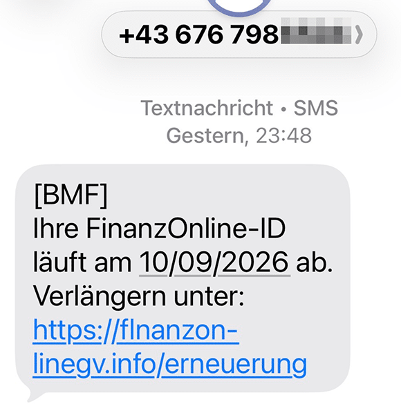 Screenshot: Phishing-SMS: „FinanzOnline-ID läuft ab“