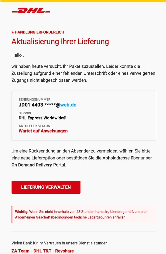 Screenshot: „DHL-Zustell-Update: Handlung für Ihre Sendung erforderlich“ – Achtung, Phishing