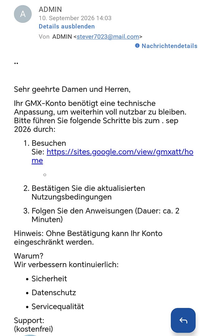 Screenshot: „GMX Konto benötigt technische Anpassung“ – Phishing-Mail zielt auf GMX-Logindaten ab
