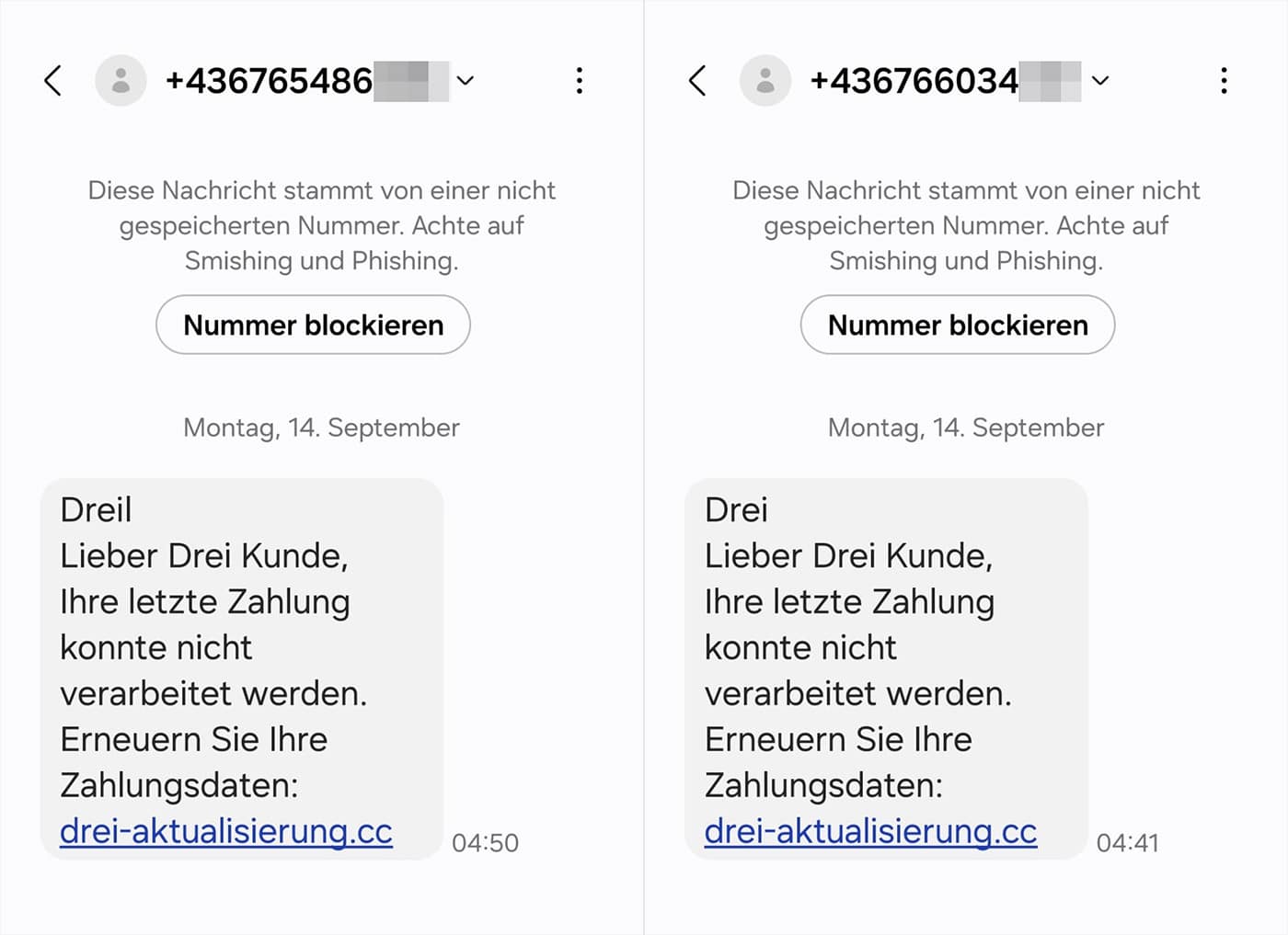 Screenshot: „Ihre letzte Zahlung konnte nicht verarbeitet werden“ – Phishing im Namen von Drei