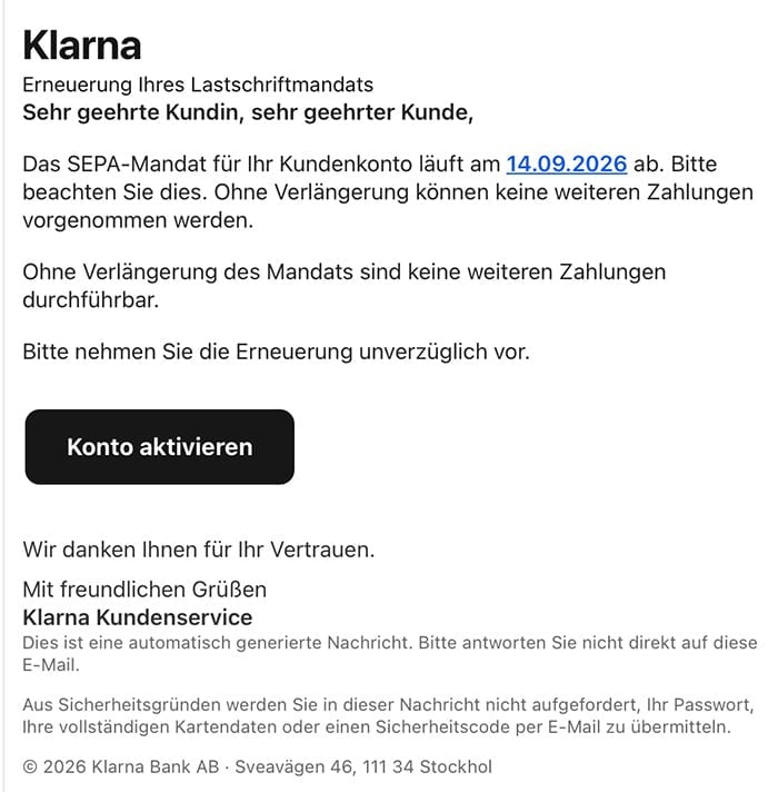 Screenshot: Fake-Mail zu Klarna-Lastschriftmandat