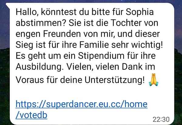 Screenshot: WhatsApp-Fake-Abstimmung für „Sophia“: Vorsicht vor Geräteverknüpfung