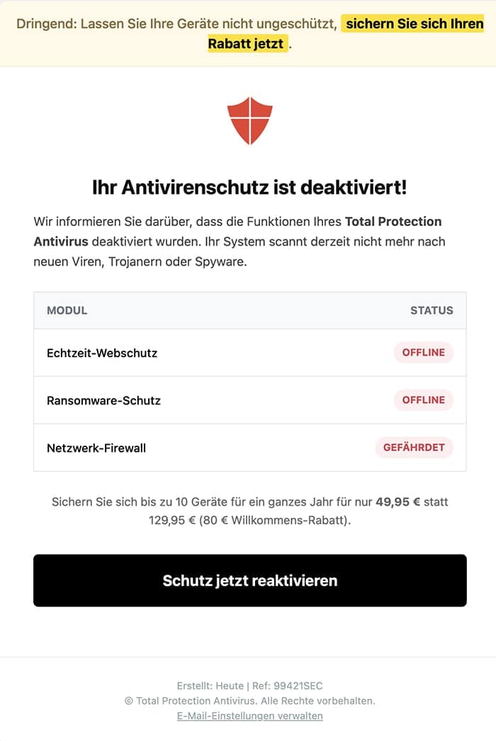 Screenshot: „Ihr Antivirenschutz ist deaktiviert!“ – Gefälschte E-Mail mit Fake-Warnung