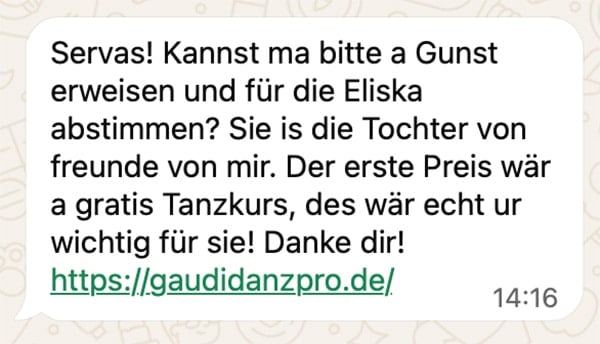 Screenshot: „Kannst ma bitte a Gunst erweisen und für Eliska abstimmen?“: WhatsApp-Falle führt zur Geräteverknüpfung
