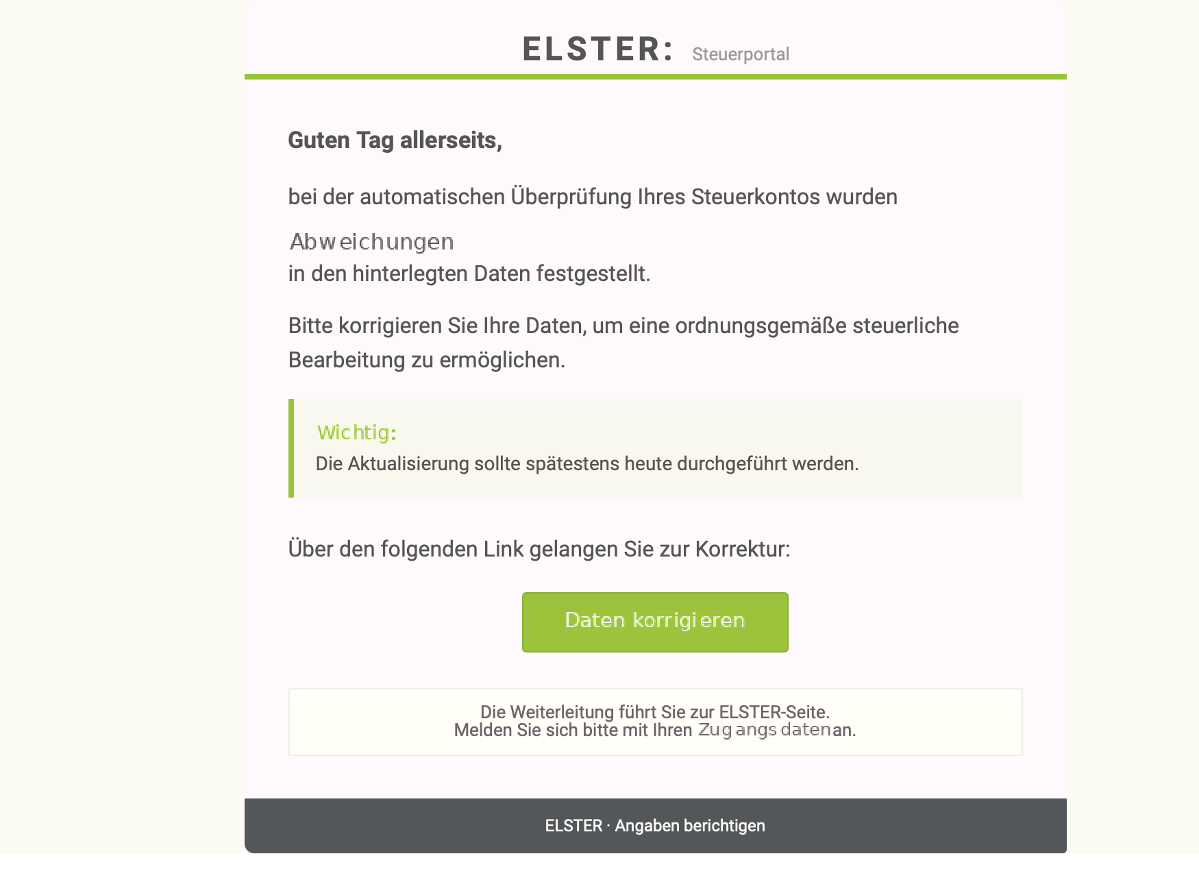 Screenshot: „Validierung Ihrer Daten ist anstehend“: Phishing im Namen von ELSTER