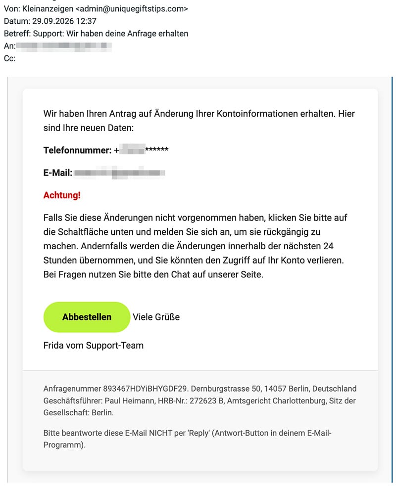 Screenshot: Gefälschte Kleinanzeigen-Mail: „Support: Wir haben deine Anfrage erhalten“