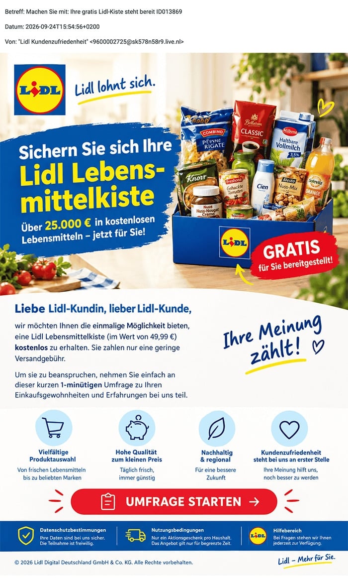 Screenshot: Lidl-Lebensmittelkiste als Phishing-Köder