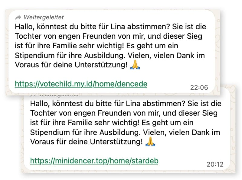 Screenshot: Fake-Abstimmung für „Lina“: Vorsicht vor dieser WhatsApp-Falle