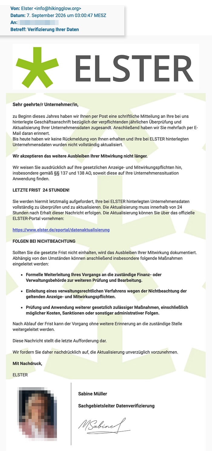 Screenshot: Fake-ELSTER-Mail droht mit 24-Stunden-Frist: Phishing-Seite greift Daten und IBAN ab