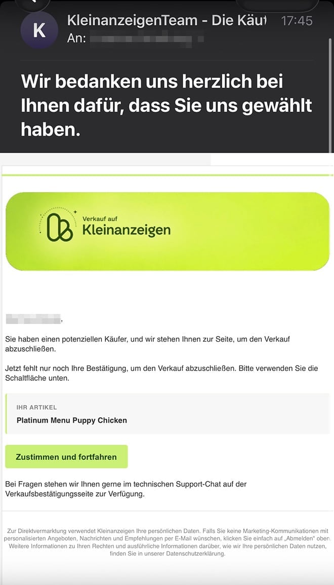 Screenshot: Kleinanzeigen: Vorsicht vor falscher Verkaufsbestätigung per E-Mail